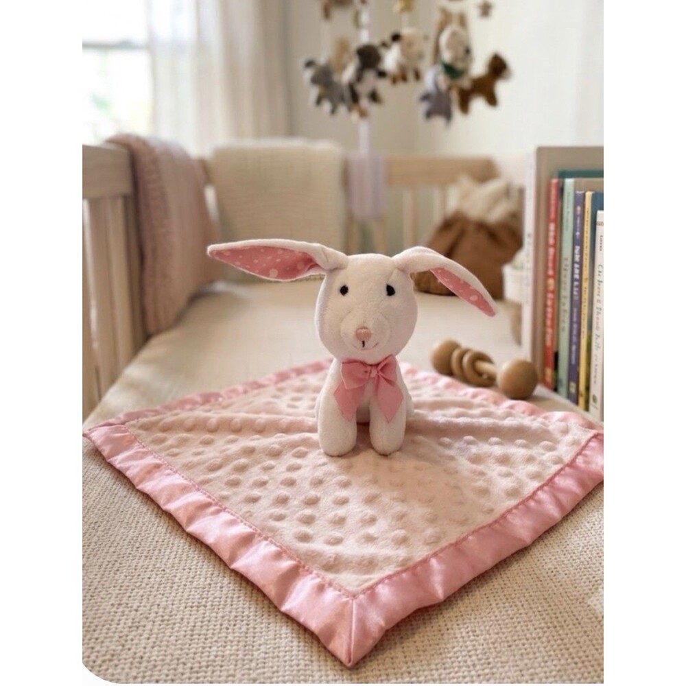 Ashton Drake Bunny Rabbit Pink Bow Minky Security Blanket Hearts Lovey 12”